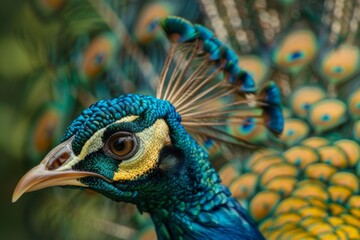 Obraz premium Vibrant peacock displaying feathers in a lush garden animal photography nature scene close-up view
