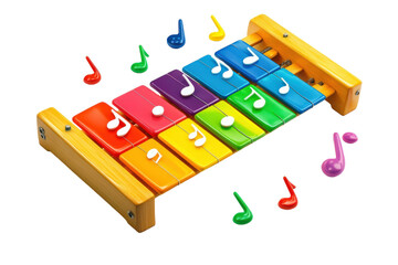 Colorful wooden xylophone with music notes scattered around in a bright setting for children's...