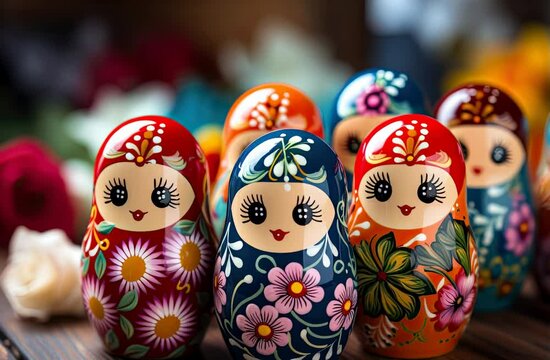 Colorful Russian nesting dolls with floral patterns