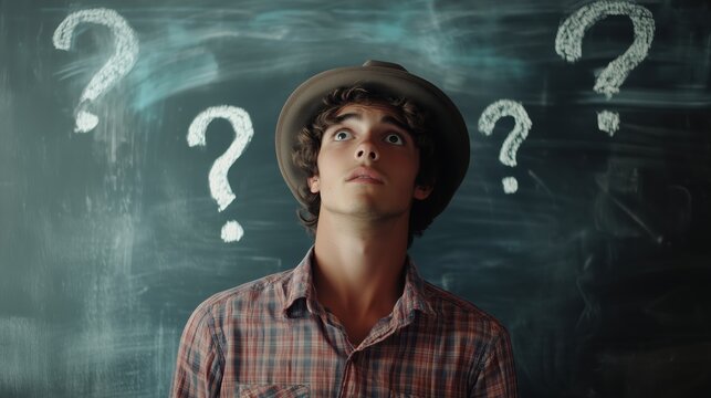 Against a chalkboard covered in question marks, a young man in a hat looks intently, radiating curiosity.