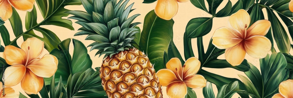 Poster tropical seamless pattern featuring vibrant pineapples and hibiscus flowers in a lush green setting.