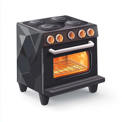 A black oven with orange light inside in a cartoon style