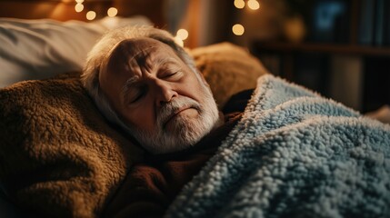 An elderly man rests peacefully under a warm blanket, his serene expression and cozy surroundings creating a comforting and tranquil scene.