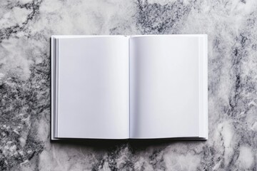 Blank book open on marble, flatlay, mockup