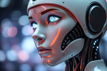 Close-up of a futuristic humanoid robot with glowing eyes, showcasing intricate facial features and mechanical details.