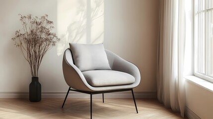 Modern armchair placed near a plain wall in a spacious empty room, minimalistic design, soft lighting, clean and elegant style book illustration