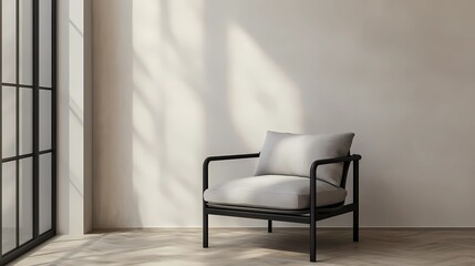 Modern armchair placed near a plain wall in a spacious empty room, minimalistic design, soft lighting, clean and elegant style book illustration