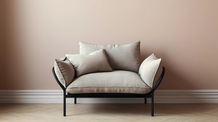 Modern armchair placed near a plain wall in a spacious empty room, minimalistic design, soft lighting, clean and elegant style book illustration
