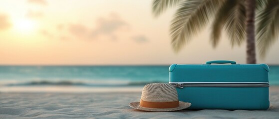 Obraz premium A tranquil beach scene featuring a stylish blue suitcase and a straw hat resting on the soft sand, perfect for summer vacation and adventure. Ideal for travel-themed imagery.