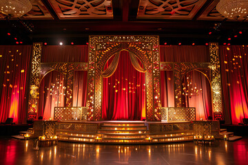 Obraz premium Red Theater Stage with Dramatic Lighting and Velvet Curtains, Elegant Performance Venue Setup with Spotlight and Theatrical Atmosphere