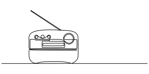 Radio one line continuous line. Line art retro radio outline, silhouette. Hand drawn vector art, Continuous one line drawing a vintage radio with a telescopic antenna sits on a table. The versatility 