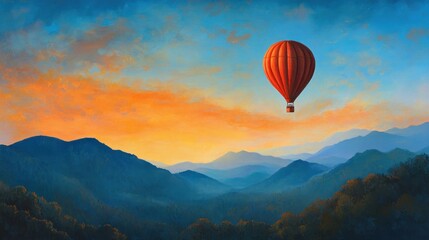 Red hot air balloon soaring over majestic mountains at sunset.