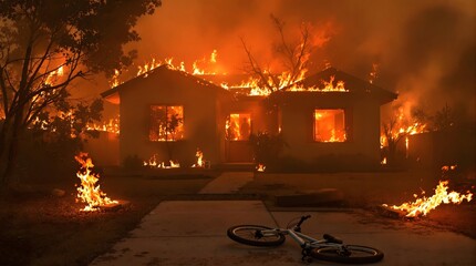 House Engulfed in Flames with Abandoned Bike After Wildfire