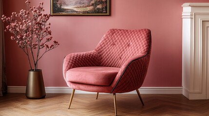 Single armchair beside a smooth wall in a well-lit empty space, neutral colors, simple and sophisticated atmosphere, style book illustration