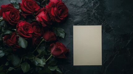 of red roses placed elegantly beside a blank note paper, set against a dark, moody background.