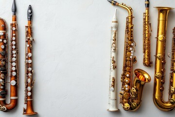 Naklejka premium Saxophones, clarinets, and flute arranged on white.