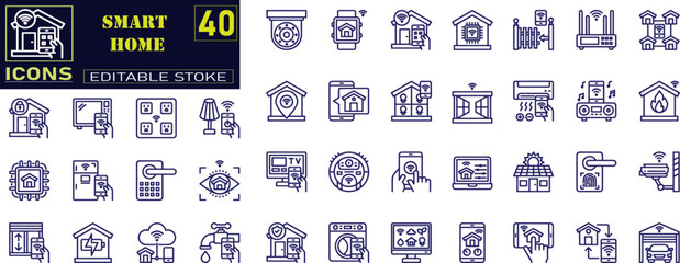 Set of line icons related to home security, Collection of smart house with automation control system vector illustration.