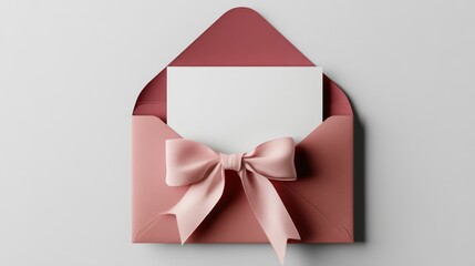 blank white gift card or gift voucher with a soft pink ribbon bow, placed inside an open red envelope