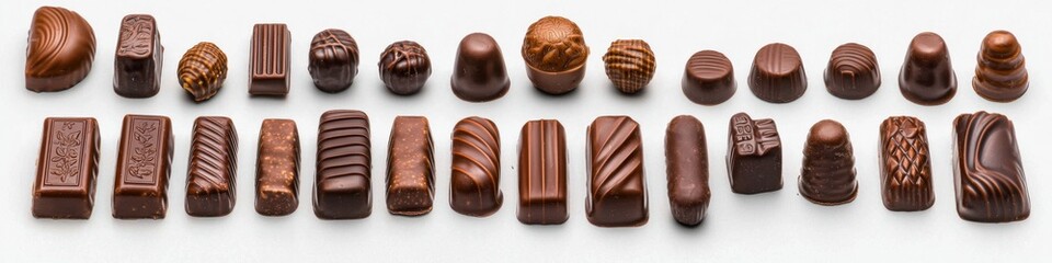 Obraz premium Delightful assortment of handcrafted chocolates displayed on a white surface for an elegant treat or gift