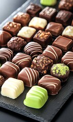 Delicious assortment of handmade chocolates displayed on a black slate board at a gourmet confectionery shop