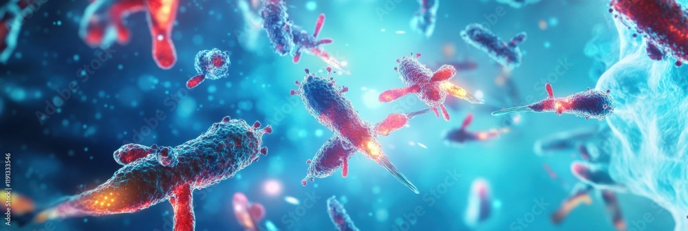 Leinwandbilder Dynamic visualization of antibodies targeting glowing viruses in a vibrant microscopic environment. Generative AI