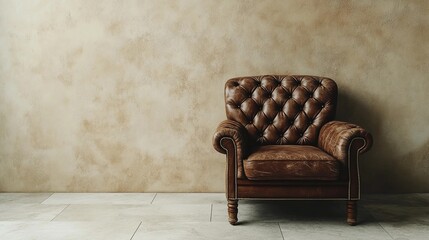 Single armchair beside a smooth wall in a well-lit empty space, neutral colors, simple and sophisticated atmosphere, style book illustration