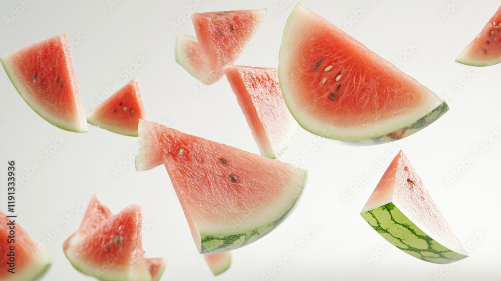 Aufkleber several triangular slices of ripe red watermelon with black seeds are levitating against a minimalis