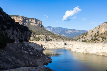 Lack water La Llosa Del Cavall Reservoir. The swamp is at very low water levels due to lack of rain. Desertification, climate change, environmental problems, drought. Lleida, Spain