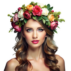 Naklejka premium beautiful young female model wearing floral crown against white 