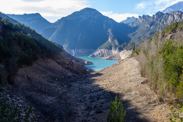 Lack water La Llosa Del Cavall Reservoir. The swamp is at very low water levels due to lack of...