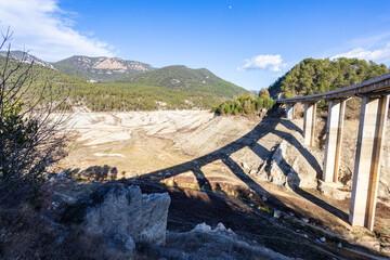 Lack water La Llosa Del Cavall Reservoir. The swamp is at very low water levels due to lack of...