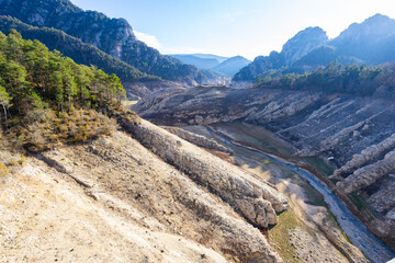 Lack water La Llosa Del Cavall Reservoir. The swamp is at very low water levels due to lack of...