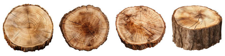 Cut tree trunk isolated on transparent background, Set of