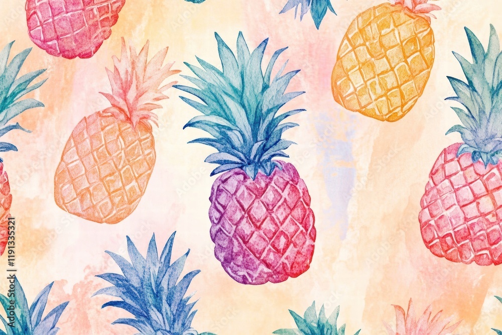 Aufkleber vibrant watercolor pineapple pattern showing a colorful display against a soft, pastel background in