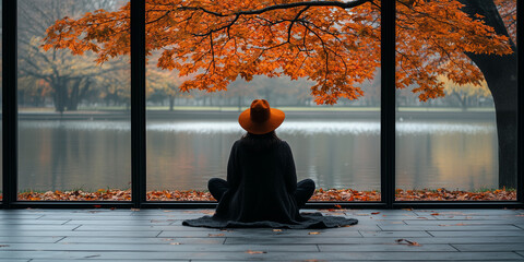 A person sitting inside a modern space, gazing out at autumn leaves over a calm lake.