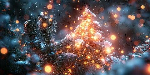 A glowing Christmas tree with snow falling gently around it.