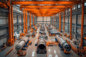 Industrial facility showcases advanced rocket components in a spacious assembly area