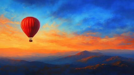 Red hot air balloon soaring over majestic sunset mountains.