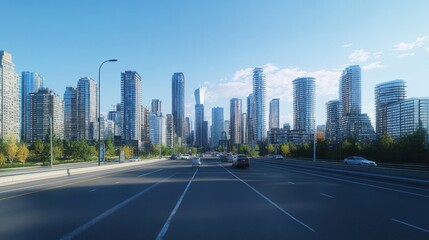 Obraz premium Modern city skyline viewed from a highway.
