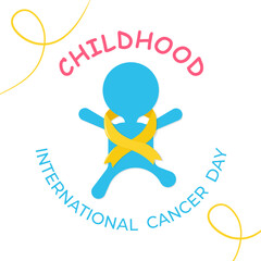 Childhood international cancer day vector banner, card, background with kid wearing yellow cancer ribbon. Awareness, support, solidarity concept.
