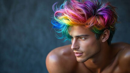 Naklejka premium Young man with rainbow hair posing against a dark background showcasing a vibrant and expressive style
