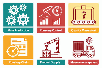 Manufacturing icons, mass production symbols, industrial processes, conveyor belts, assembly lines, factory automation, quality control, supply chain management, productivity charts, product developme