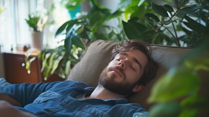 The young man, sporting a beard, rests comfortably on a sofa, with lush indoor plants in the background adding to the calm and relaxing atmosphere.