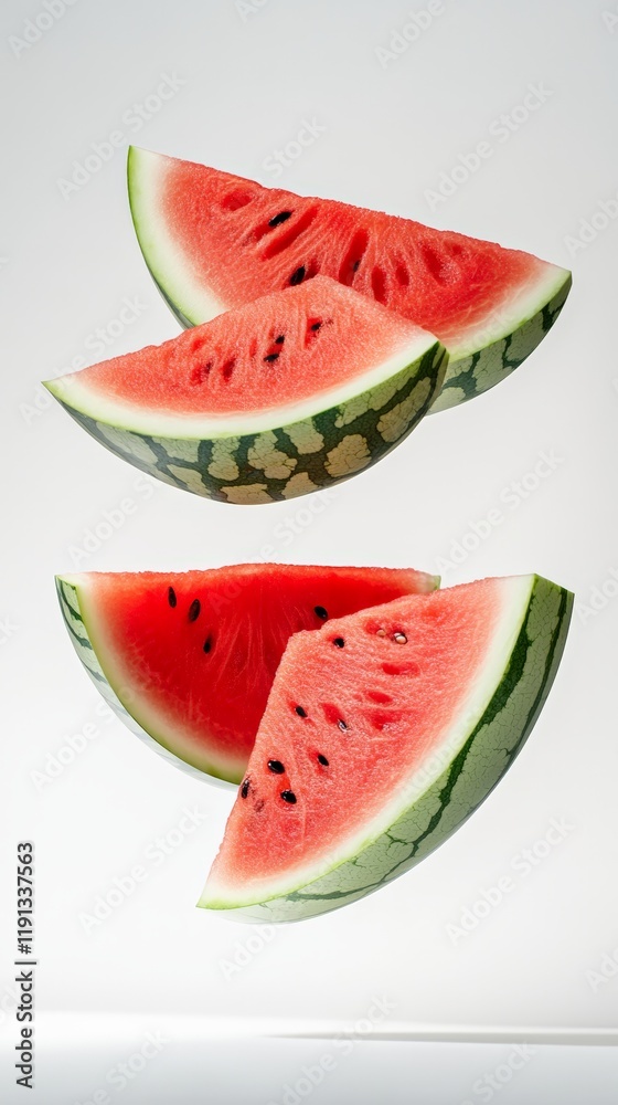 Poster several slices of fresh, ripe watermelon with visible seeds are suspended in the air against a clean