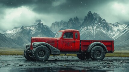 Vintage red truck amidst a dramatic mountain landscape.