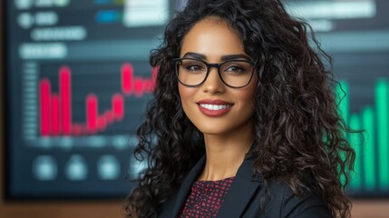 Confident professional woman with curly hair stands in front of financial data display in a modern office environment