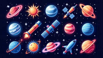 Colorful space-themed illustration with planets and rockets