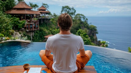 Relaxing meditation by the infinity pool with a stunning ocean view in a tropical paradise