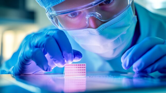 A close-up of a manufacturing technician inspecting quality control of semiconductor chips in a cleanroom facility, with microelectronics and semiconductor fabrication equipment visible