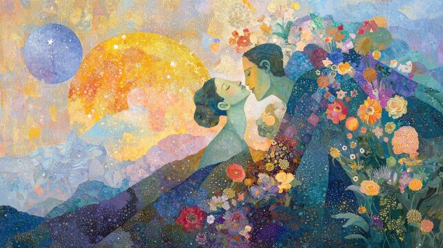 Emotional embrace of love garden of eden religious vibrant nature close-up adam and eve concept